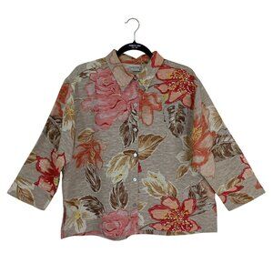 Chicos Shirt Floral Print Women Sz 2 Silk & Linen Blend Beige & Red